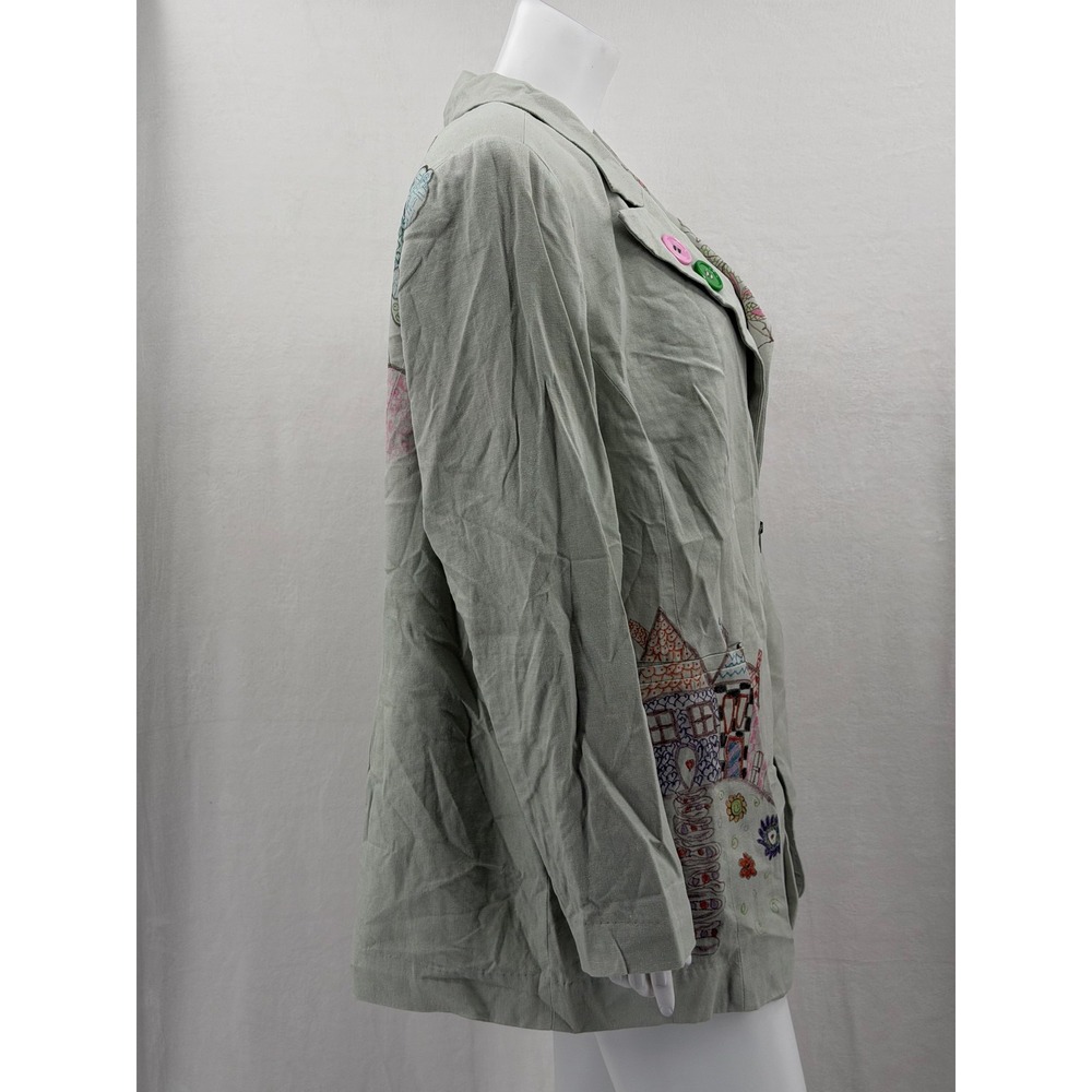 Eloquii Jacket Womens 20 Green Graphic Artsy Whimsical Boho Linen Blend Teacher - Picture 3 of 11